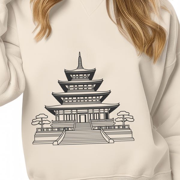 Illustration of a traditional Buddhist temple with ornate architecture.