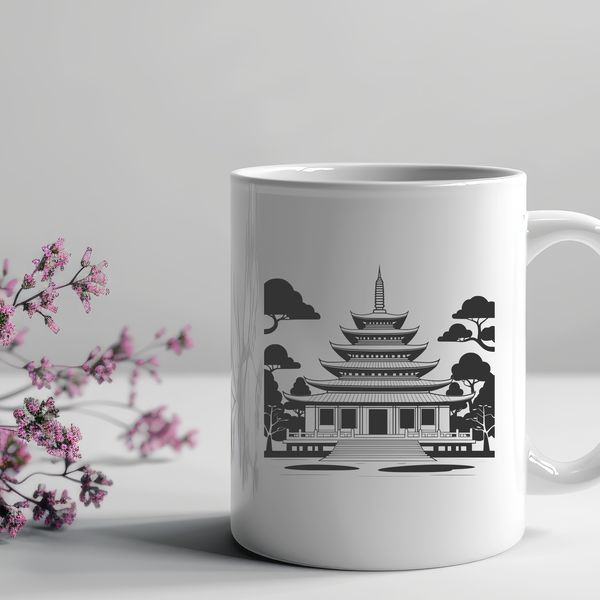Buddhist temple architecture design, vector illustration of a traditional monastery building with intricate details.