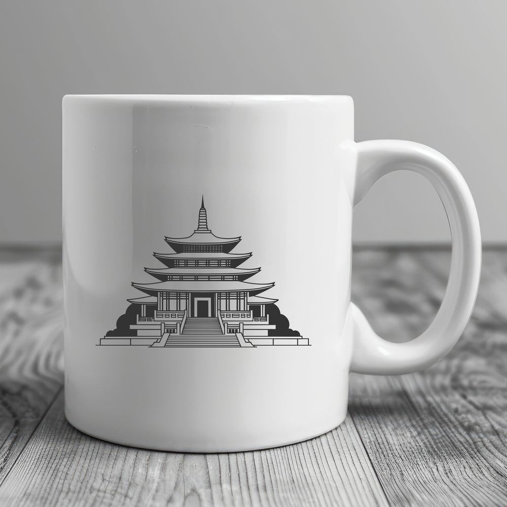Sacred Temple Design Illustration A 3D rendering of a traditional Buddhist temple architecture with intricate details and ornate carvings.