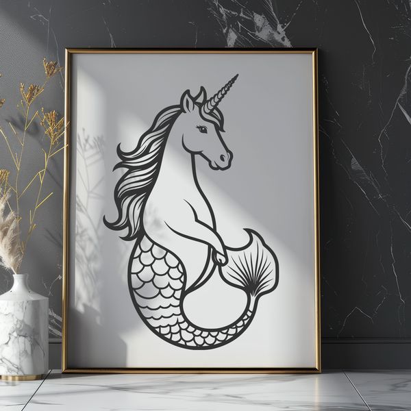 Whimsical Unimaid Vector Design A mythical creature with the upper body of a mermaid and the lower body of a unicorn, depicted in a clean vector design.