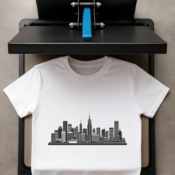 A detailed vector illustration of a modern city skyline at sunset.