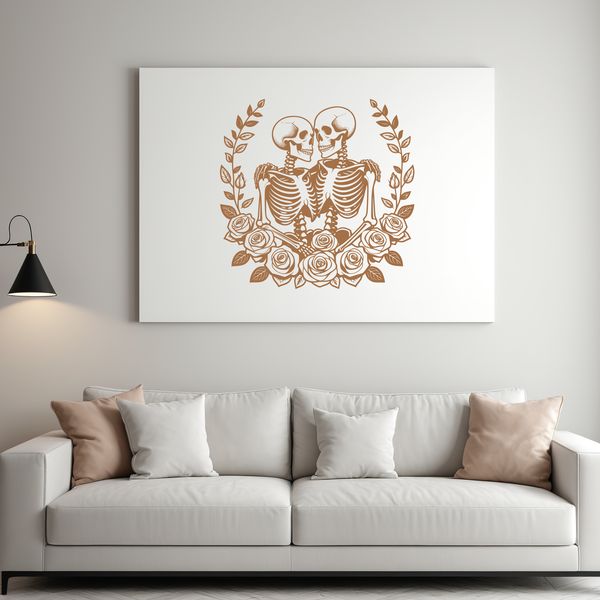 Love in the Afterlife SVG Design A stylized design featuring a pair of skeletons holding hands amidst a bouquet of roses.