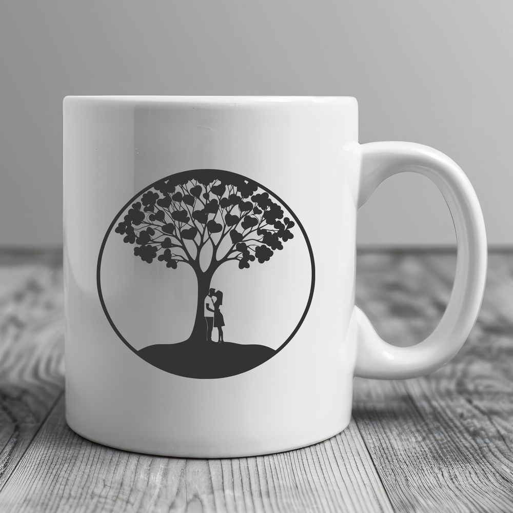 Intertwined Hearts and Leaves Design A pair embracing beneath a lush tree branch with intertwined leaves.