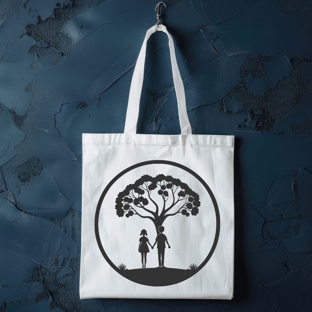 SVG Stylized Tree with Lovers Embracing Trunk A stylized illustration of a tree with intertwined lovers embracing its trunk.