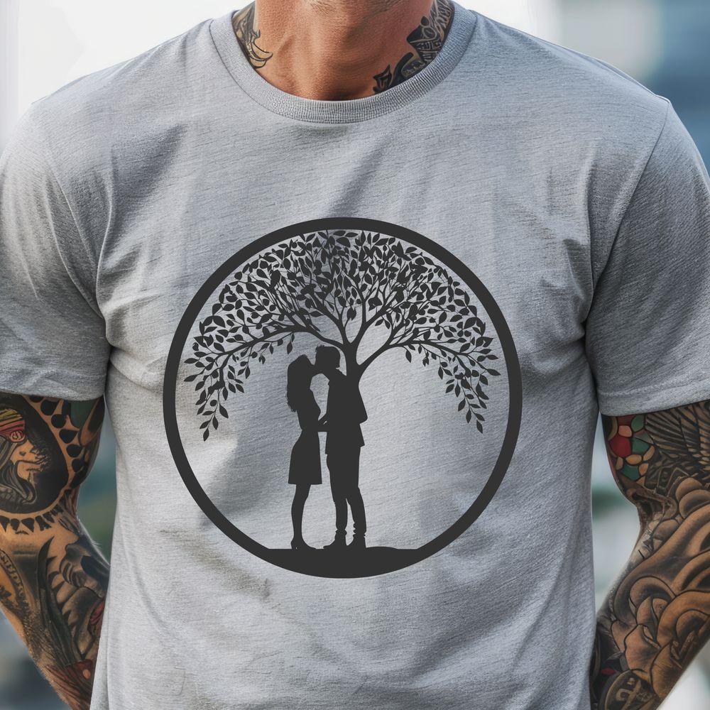 Romantic Tree Hug Design An ornate design of two trees embracing each other, creating a romantic and whimsical scene perfect for couples.