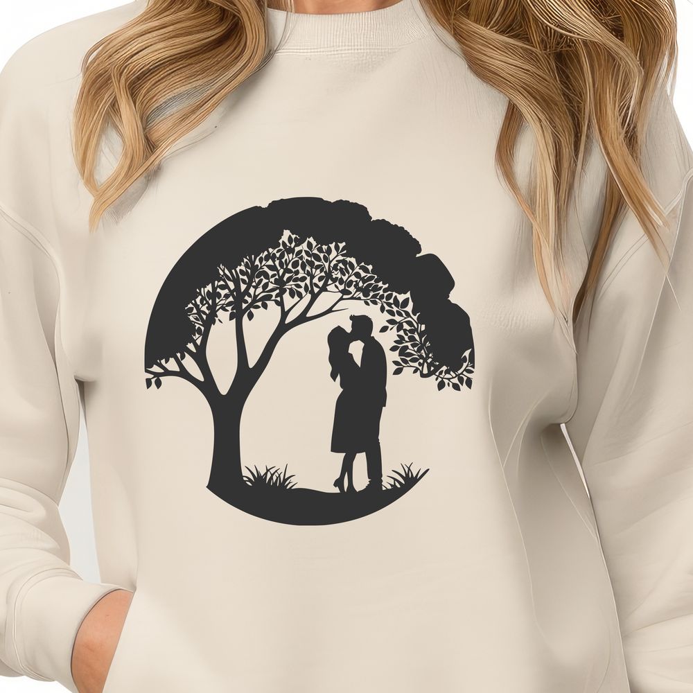 Majestic Tree of Love A pair of lovers embracing under the branches of a majestic tree, surrounded by lush foliage.