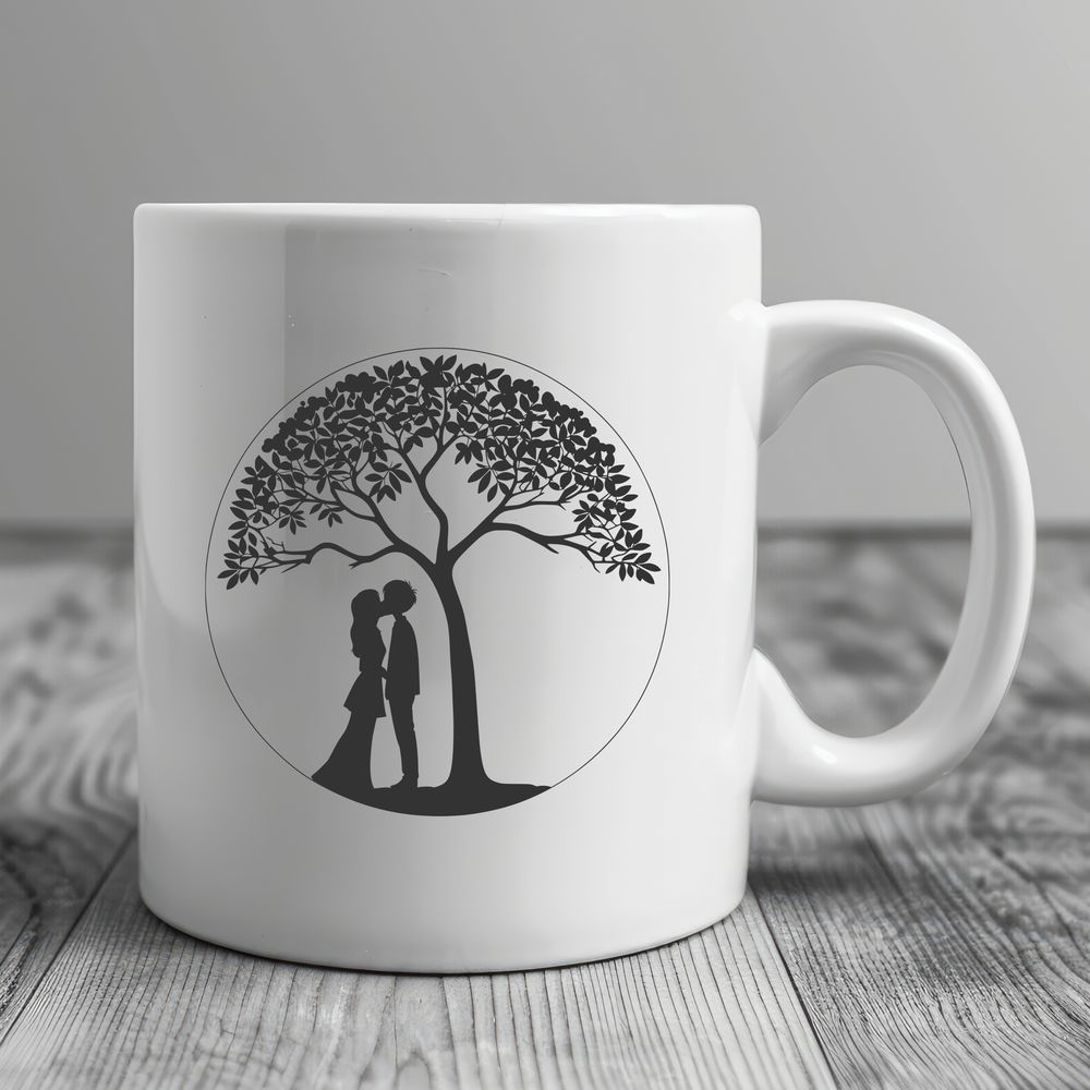 Love Under the Boughs A stylized illustration of two lovers embracing under the branches of a tree, suitable for various applications.