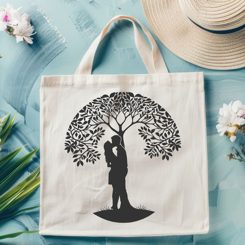 Love Grows in a Single Tree A stylized illustration of two people embracing under the branches of a tree, symbolizing love and partnership.