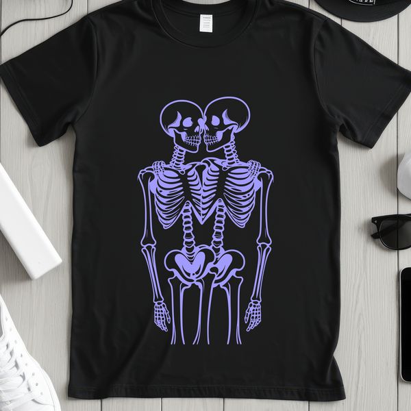 Sweet Spine Mates A stylized illustration of two skeletons holding hands, surrounded by Valentine's Day-themed decorations.