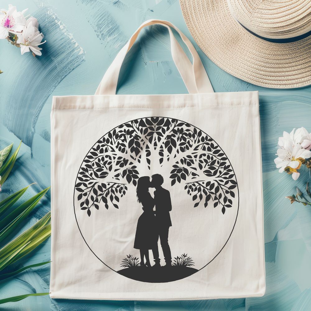 Love Enshrined in Nature An ornate vector design of a tree with a romantic couple embracing in its foliage.