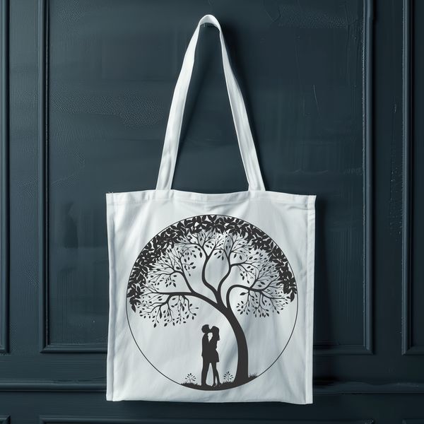 A stylized illustration of an embracing couple under a blooming tree, symbolizing love and unity.