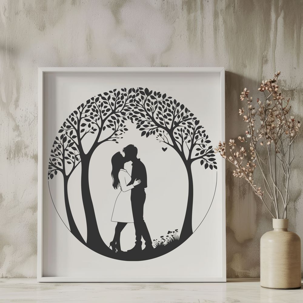 Whimsical Valentine's Day Tree Design Illustrated tree with intertwined branches and couple embracing, suitable for Valentine's Day or wedding themes.