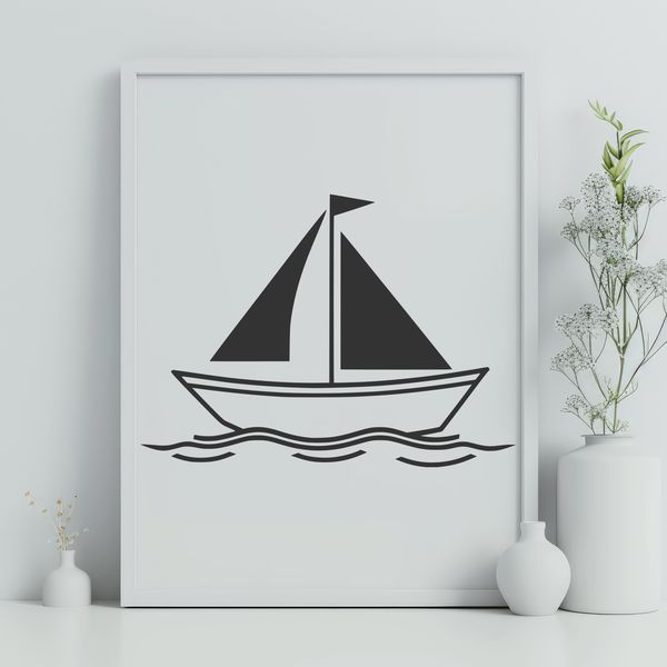 Calm Waters Sailboat Vector Illustration A simple line art illustration of a sailboat on calm waters, suitable for vector design and cutting machine stencils.