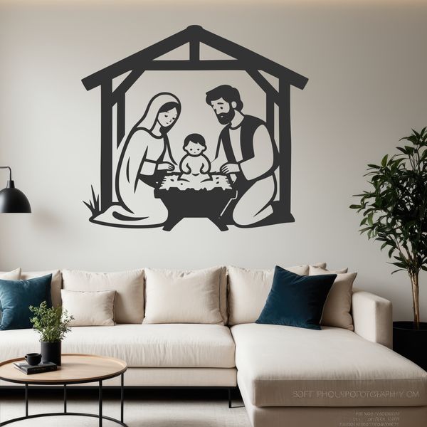 A traditional Christmas scene featuring the Holy Family in a serene winter landscape.