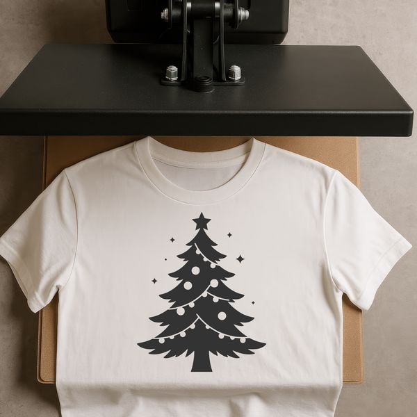 An icon-style graphic representation of a festive Christmas tree with greenery and decorations.