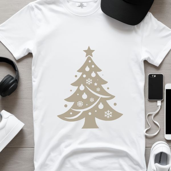 A digital vector design featuring a festive holiday Christmas tree icon in simple lines.