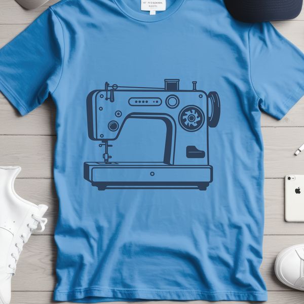 Modern Metal Sewing Machine Design Illustrated sewing machine with metal body and rotating wheel, suitable for vector graphics and cutting designs.