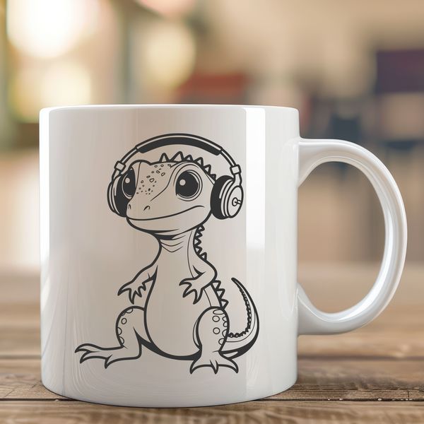 A colorful illustration of a reptile in motion, depicted as wearing headphones.