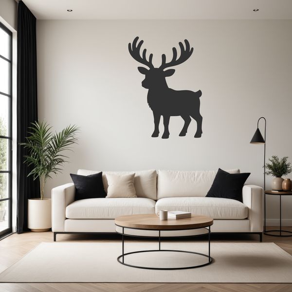 A close-up illustration of a reindeer's face with antlers.