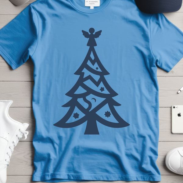 A traditional Christmas tree illustration featuring evergreen branches and ornaments.