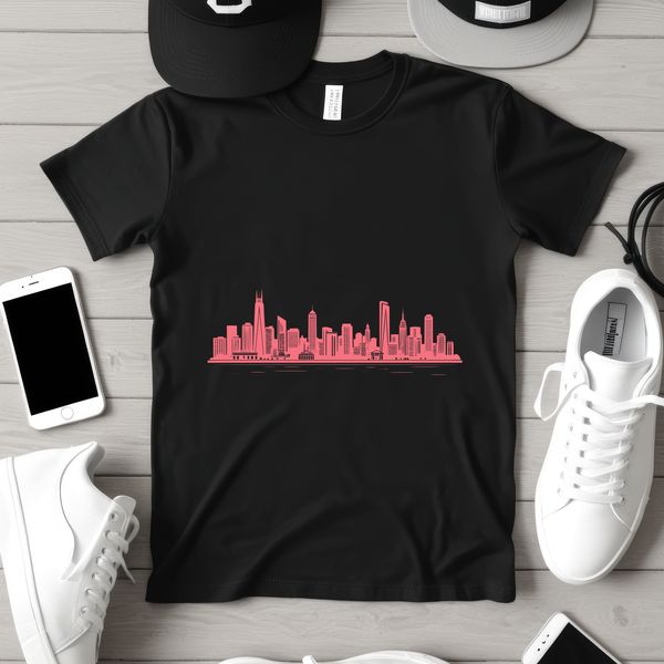 A detailed illustration of a city skyline with modern skyscrapers and busy streets.