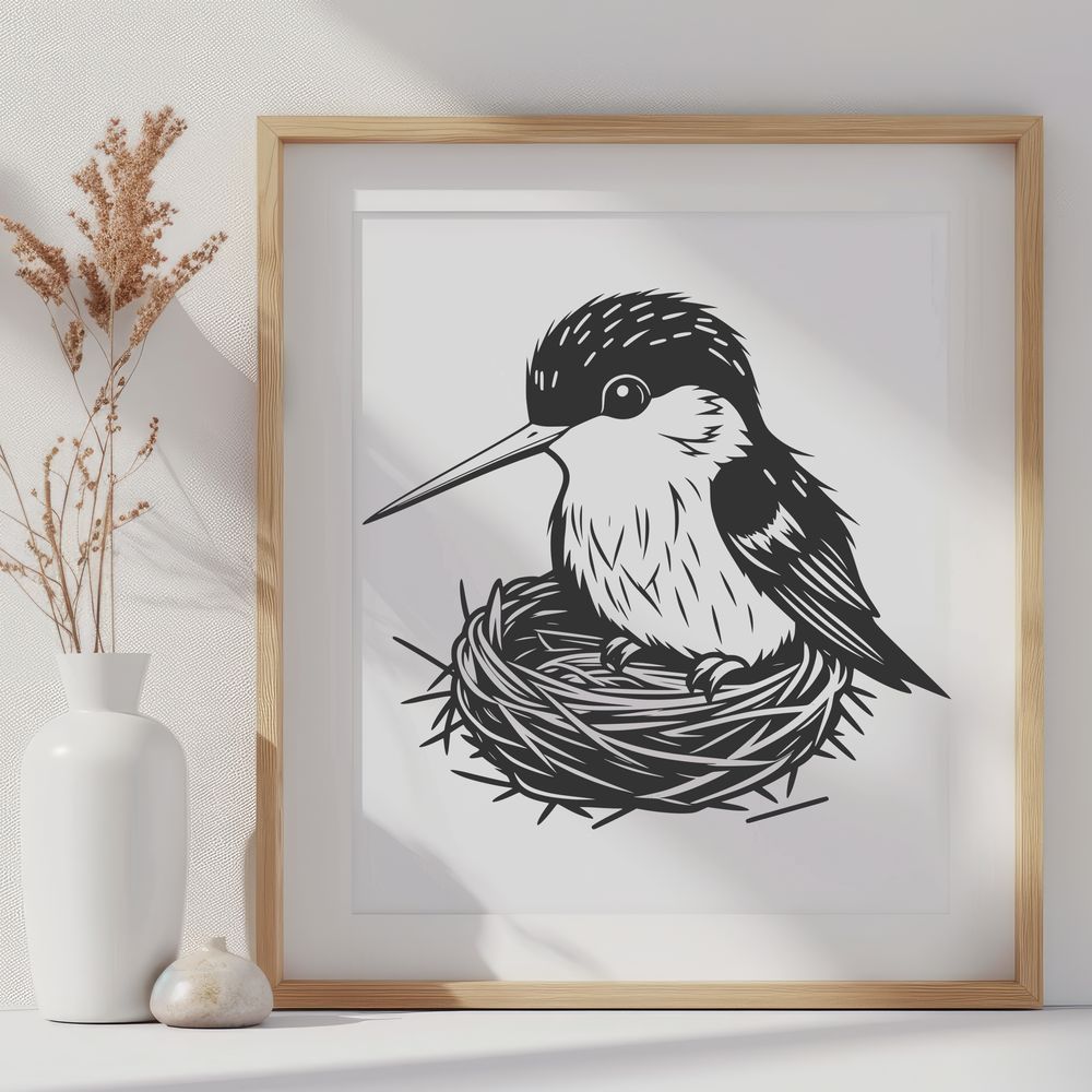 Close-up Bird Silhouette with Feathers and Beak Close-up illustration of a hummingbird in flight, detailed feathers and beak.