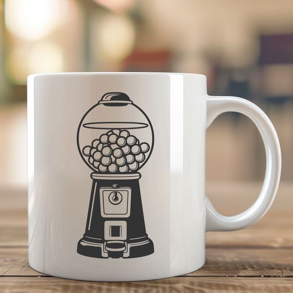 A colorful 3D illustration of a classic gumball machine with spinning wheels and a transparent glass container.