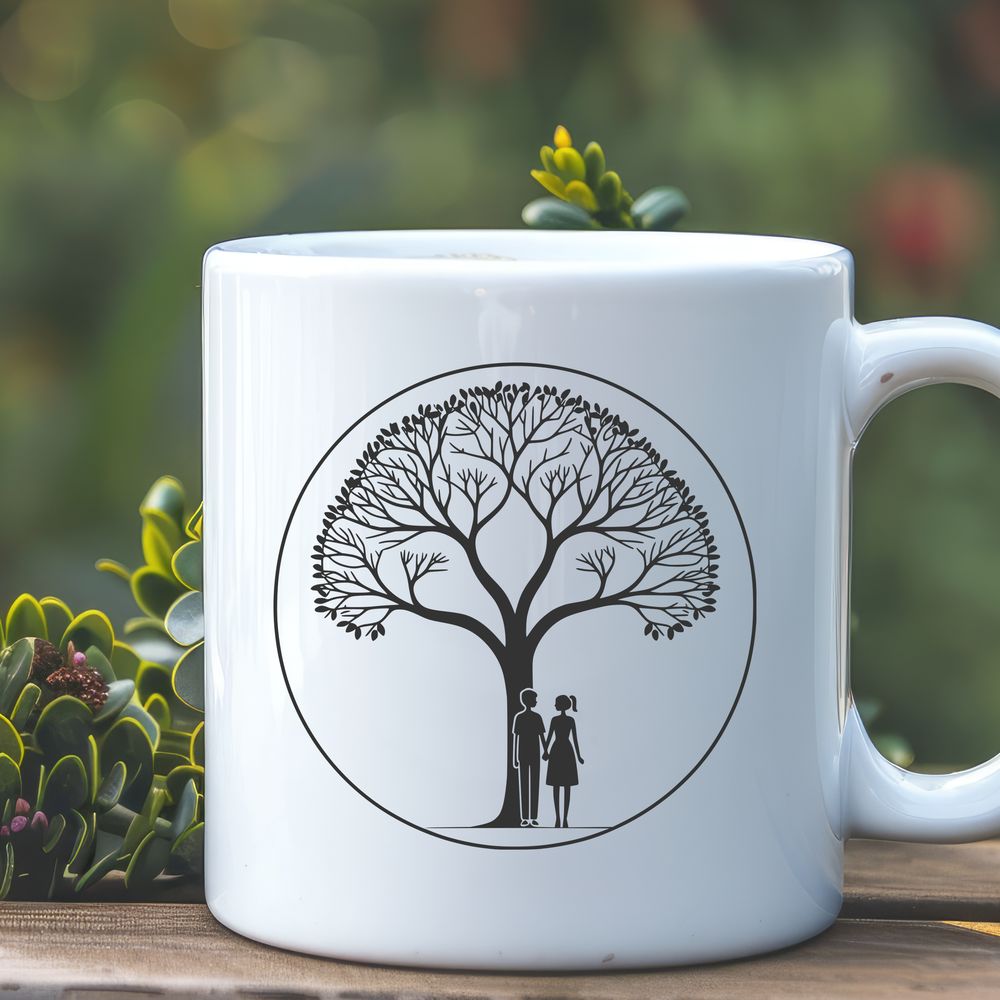 Lovers Embracing Tree Trunk An elegant vector graphic design featuring a pair of lovers embracing beneath a single tree trunk.
