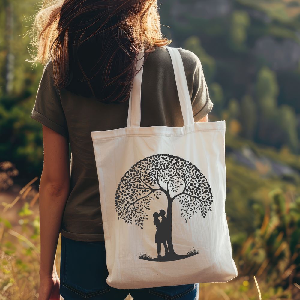 Embracing Love Under the Leaves A stylized illustration of an embracing couple under a leafy tree branch.