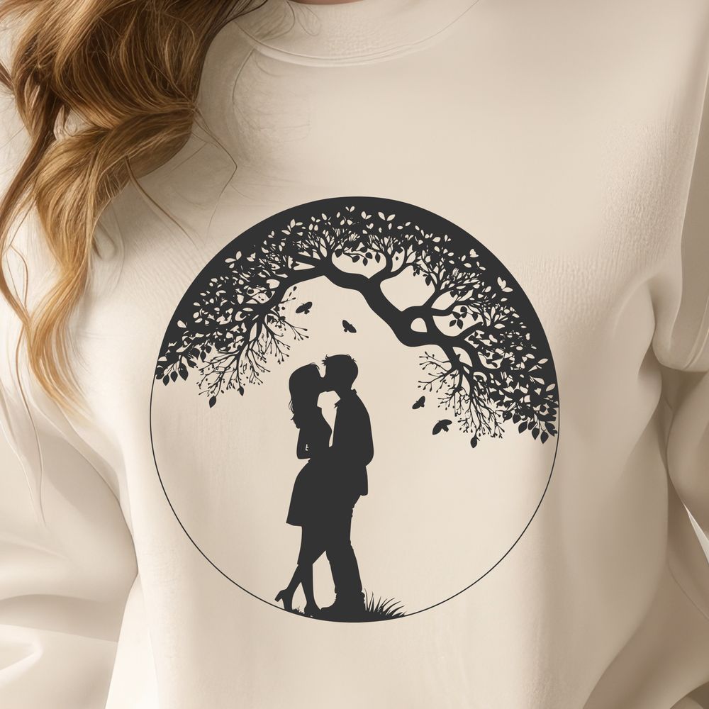 Love Blooms in this Elegant Tree Design An elegant vector design featuring a tree with a loving couple embracing, perfect for wedding or Valentine's Day decor.