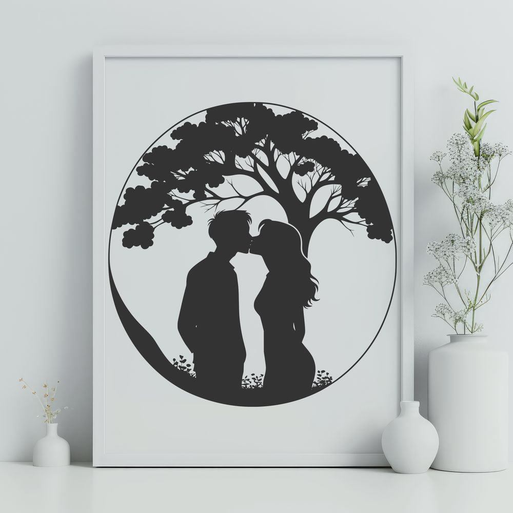 Love in Full Bloom A stylized illustration of a tree with two figures embracing each other, symbolizing love and unity.