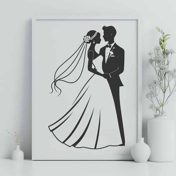 Beautiful Wedding Arch Illustration A bride and groom standing together in front of a wedding arch.