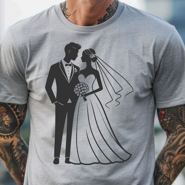 Couple's Special Day SVG Design A digital illustration of a happy couple exchanging vows during their wedding ceremony.