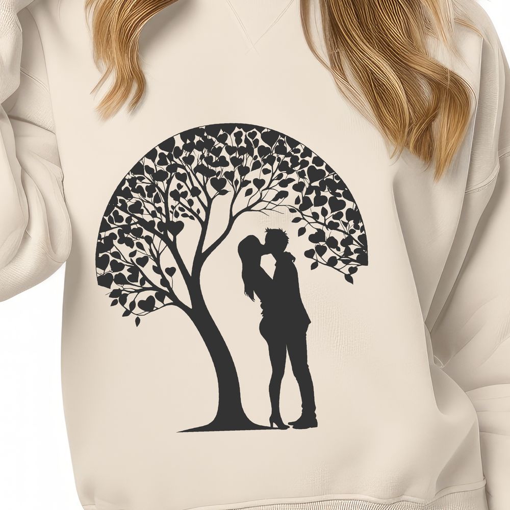 Intertwined Love Under Branches An illustration of a tree with intertwined lovers embracing under its branches.