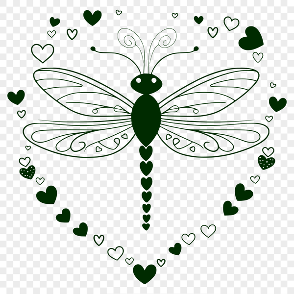 A colorful illustration of a dragonfly with heart shapes surrounding its body, suitable for graphic design and digital art.