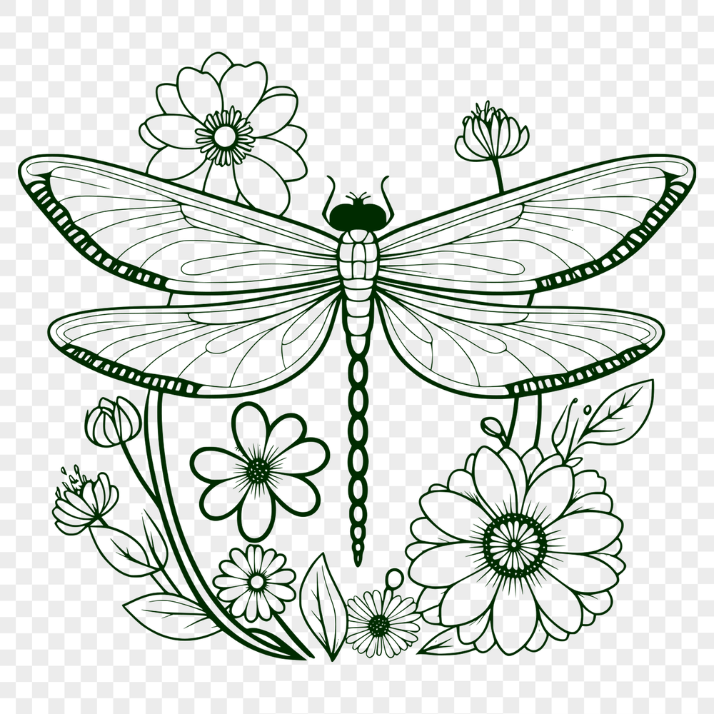 Delicate Floral Patterned Dragonfly Design A detailed illustration of a dragonfly with delicate floral patterns.