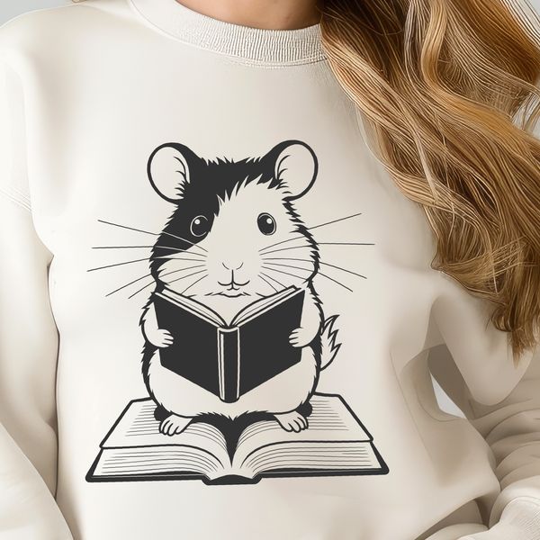 Cute Hamster Reading a Book A cartoon hamster sitting on top of an open book with a curious expression.