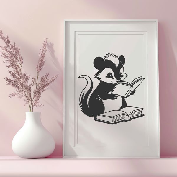 Wild Skunk Study Companion An illustration of a wild skunk sitting next to an open book, highlighting its connection to literature.