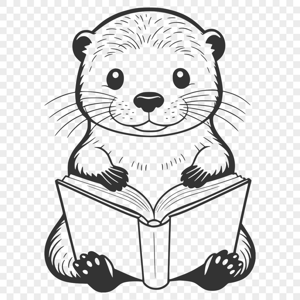 A cartoon otter sitting on a riverbank with a book in its paws, depicted as a digital vector illustration.