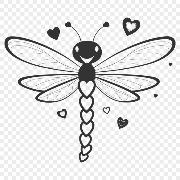 Colorful Dragonfly Design with Heart Symbols A colorful dragonfly design featuring heart symbols in various stages of flight.