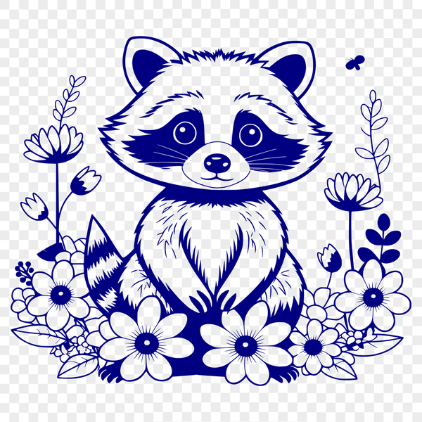 Wildlife Illustration - Raccoon amidst Blooms A detailed illustration of a raccoon surrounded by flowers and foliage.