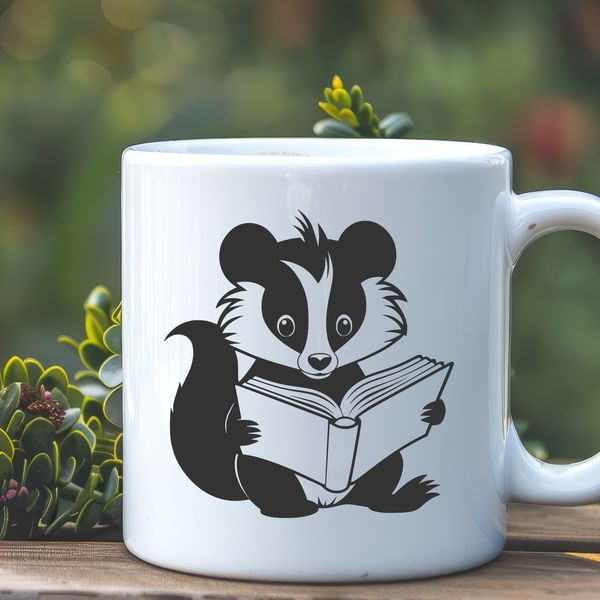 Skunk Reading Scene A skunk sits on the ground, engrossed in reading a book, surrounded by foliage.