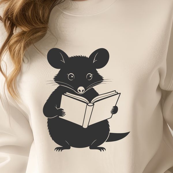 Nocturnal Forest Reader A nocturnal possum sitting on a tree stump reading a book in a forest setting.