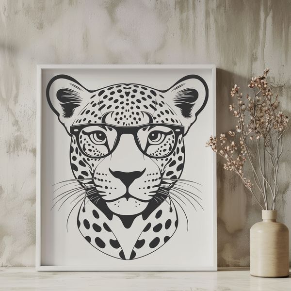 Wild Whimsy: Vector Jaguar Illustration A large cat with distinctive spots wearing glasses in a vector design.