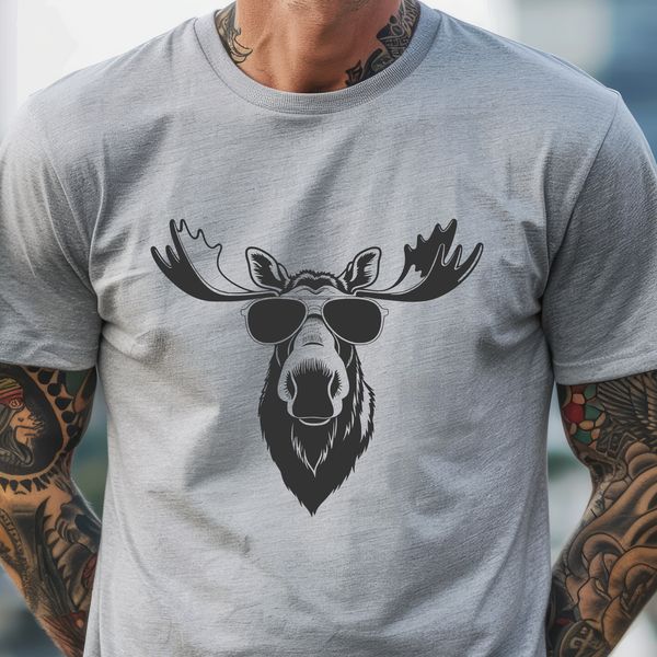 Wildlife Illustration - Moose with Sunglasses A smiling moose wearing sunglasses and standing in a natural environment.