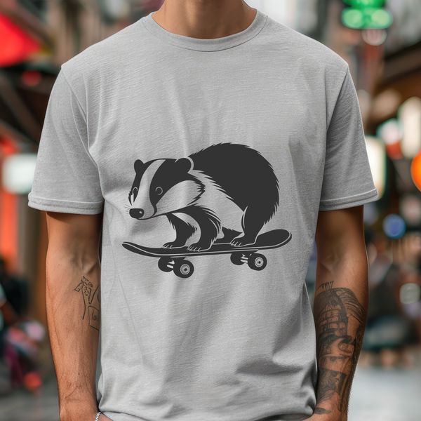 A wild animal badger standing on its hind legs, balancing on a skateboard.