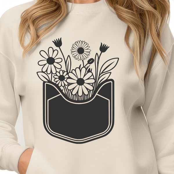 Hand-Drawn Wildflower Pouch Design A detailed, hand-drawn illustration of a flower pocket with intricate designs.