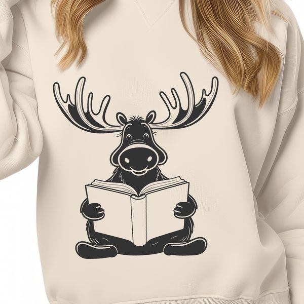 Stylized Moose in a Forest Reading Scene A stylized illustration of a moose reading a book in a forest setting.
