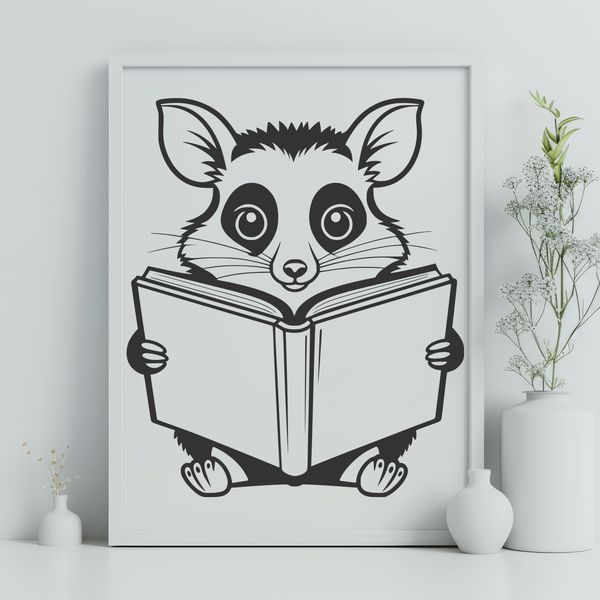 Wild Reader Possum Illustration A cartoon illustration of a possum sitting on a tree stump, surrounded by books, reading a book in the wild.