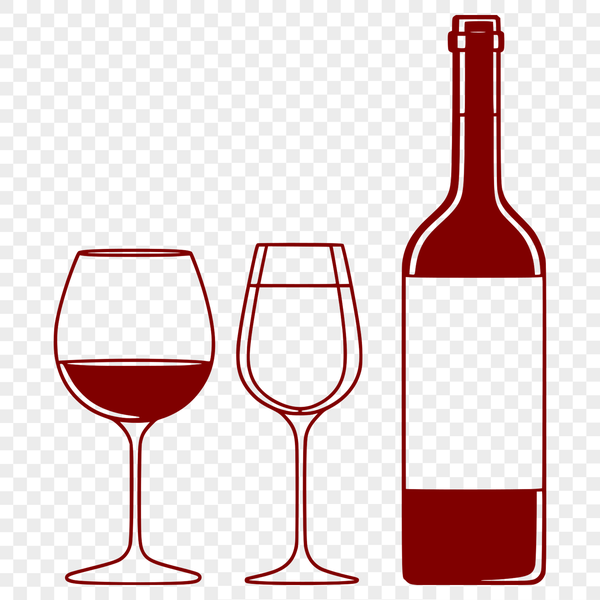 Close-up illustration of a wine glass filled with red wine.